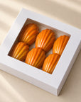 Madeleine Pistachio pralines shaped like madeleines, box seen at an angle