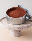 Tiramisu in a tin by Batida - velvety mascarpone cream with a hint of coffee under a layer of chocolate, close-up