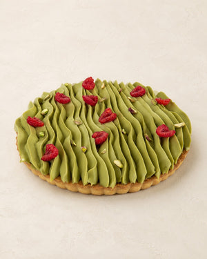 Tarta pistacjowa frangipane z malinami Batida - pistacjowe frangipane (krem migdałowo-pistacjowy) pieczone z malinami