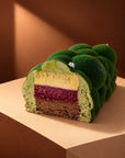 Przekrój Bûche de Noël - mus pistacjowy, insert malinowy i piernikowy biszkopt