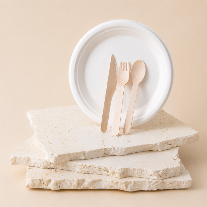 Assiette en bois et couverts
