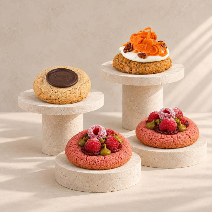 Crumble-Cookies Batida: Schokoladen-, Karotten- und Himbeer-Cookies mit Pistazien