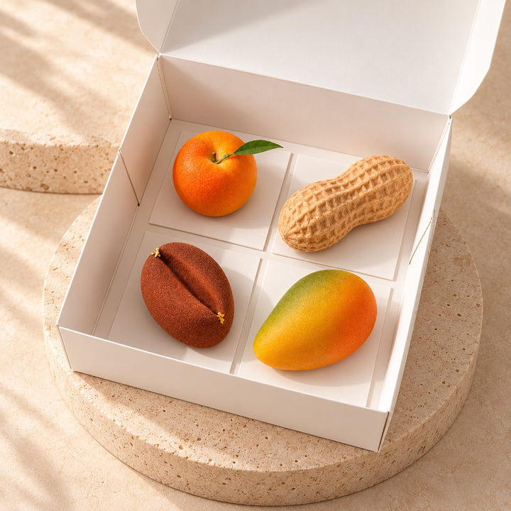 Batida-Monoporationen in der Schachtel: Pfirsich, Erdnuss, Kaffeebohne und Mango