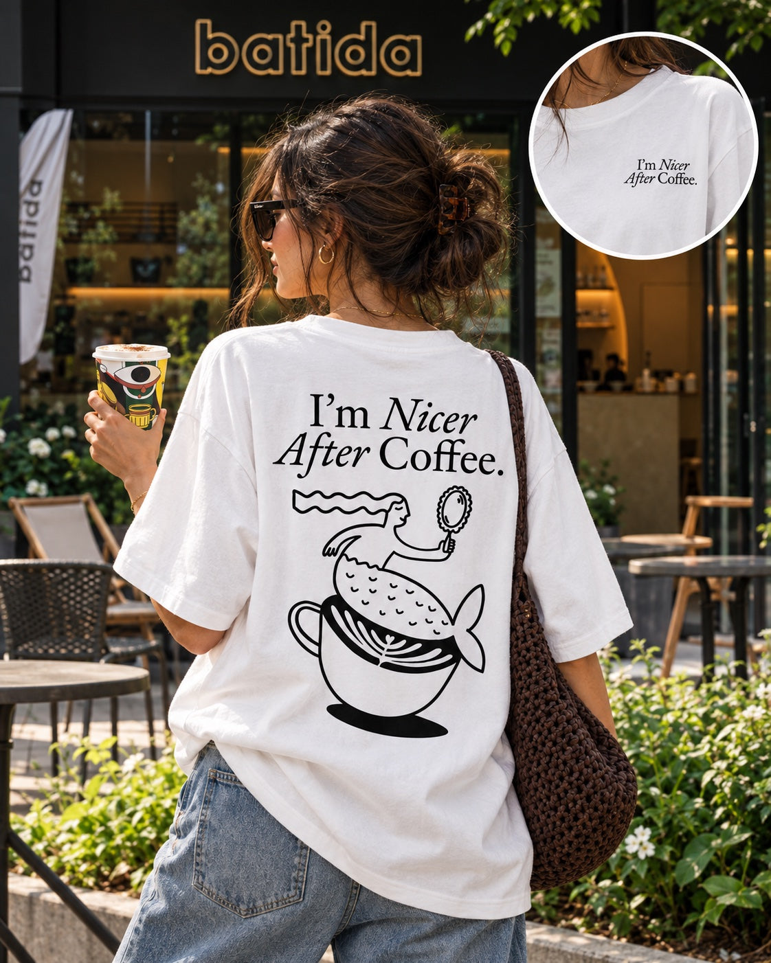Batida I'm Nicer After Coffee T-shirt in front of a Batida café