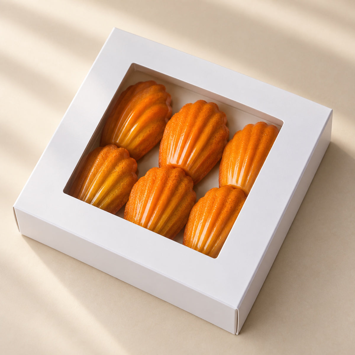 Madeleine Pistachio pralines shaped like madeleines, box seen at an angle