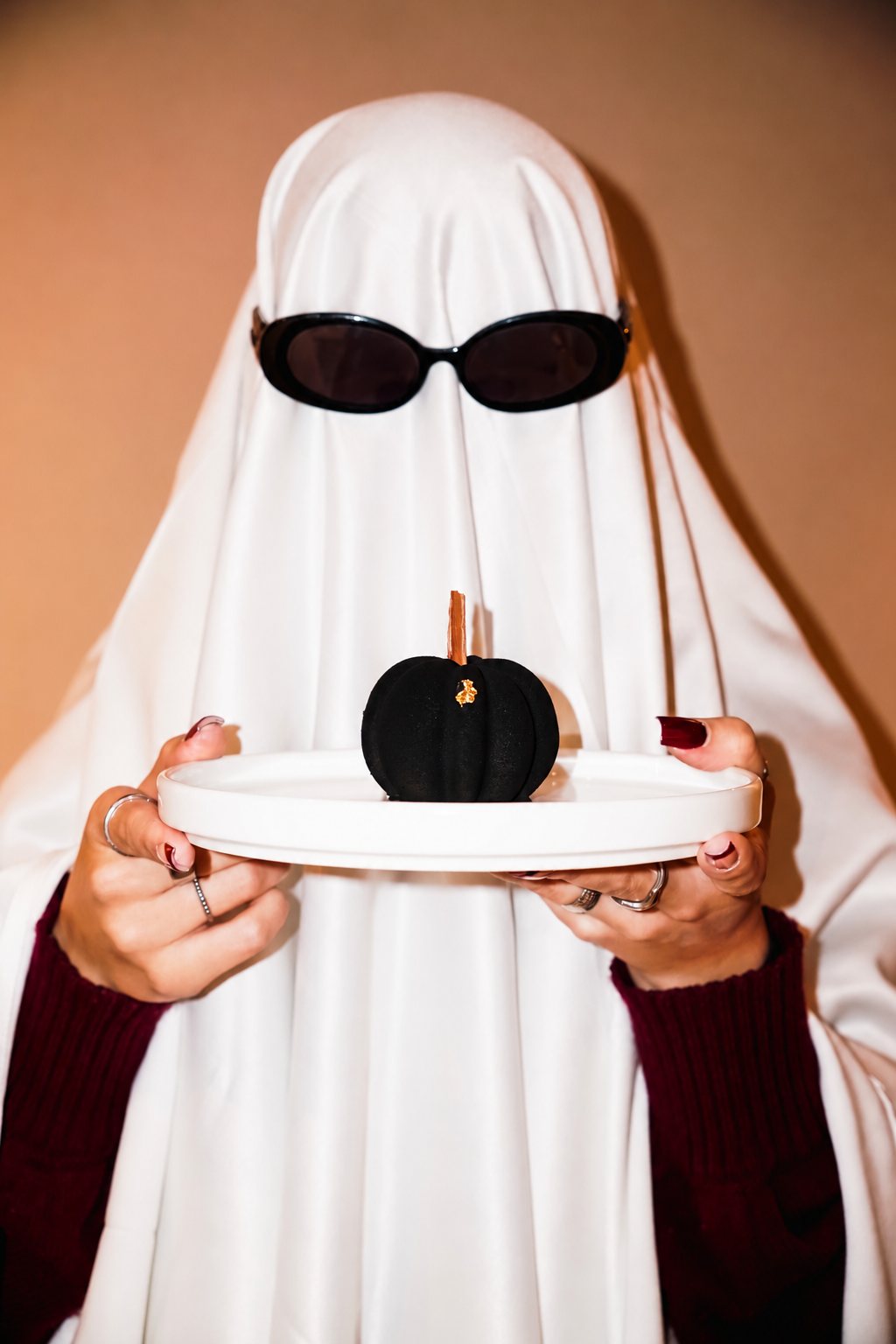 Duch trzyma talerz z czarną monoporcją Pumpkin Latte Black